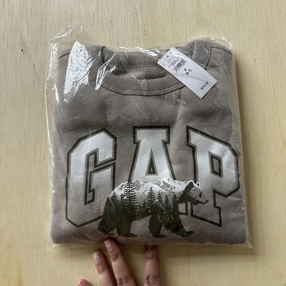 Gap‎ Kids Sweatshirt Youth Small 6-7 Beige Graphic Fleece Crewneck Pullover Bear